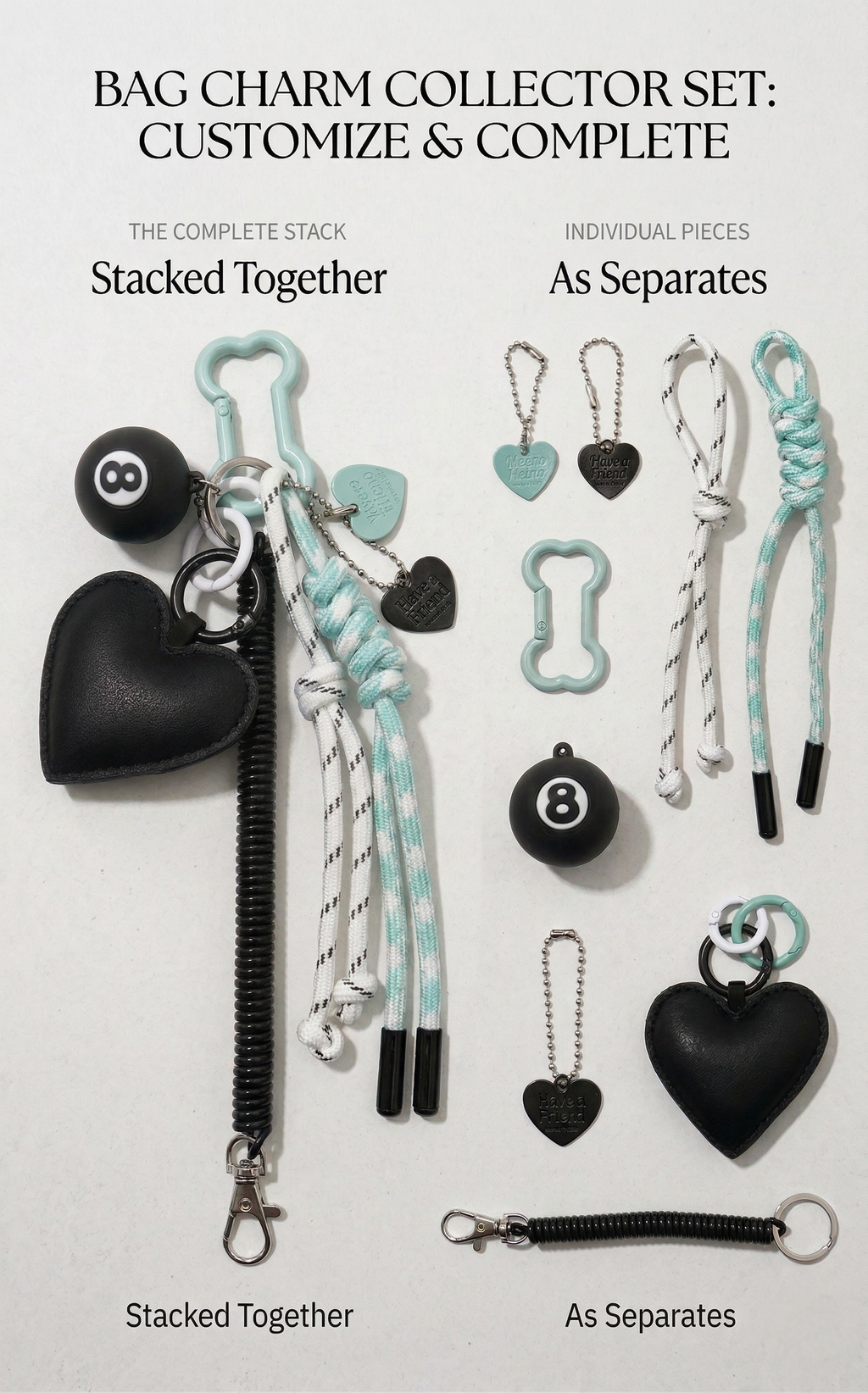 Heartbreak Club: Black & Mint Layered Bag Charm / Keychain