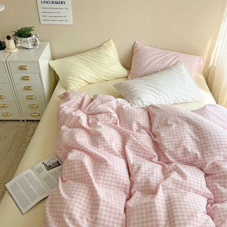 Mixed Gingham Bedding Set / Pink + Yellow