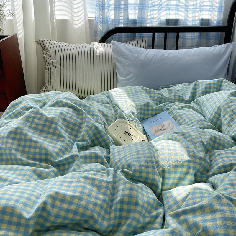 Mixed Gingham Striped Bedding Set / Blue Yellow