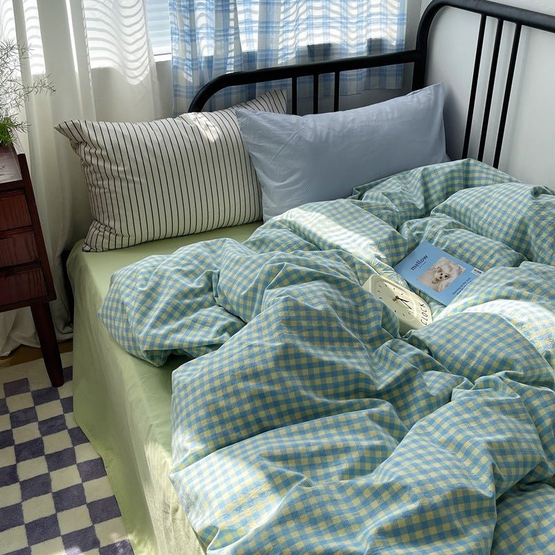 Mixed Gingham Striped Bedding Set / Blue Yellow