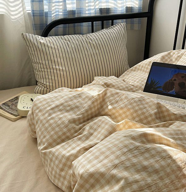 Mixed Gingham Striped Bedding Set / Blue Yellow