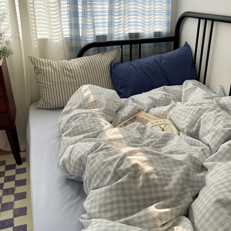 Mixed Gingham Striped Bedding Set / Brown