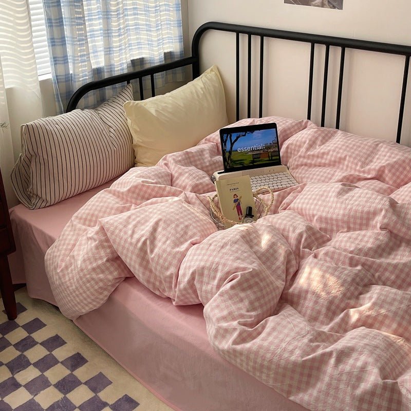 Mixed Gingham Striped Bedding Set / Brown