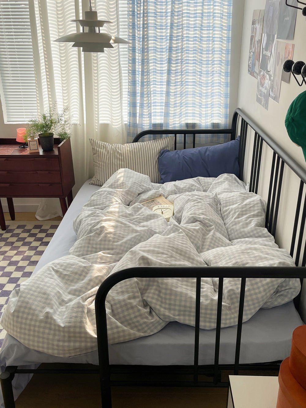 Mixed Gingham Striped Bedding Set / Purple Pink