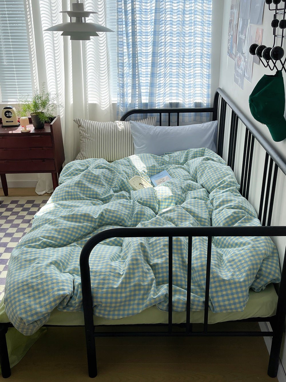 Mixed Gingham Striped Bedding Set / Purple Pink