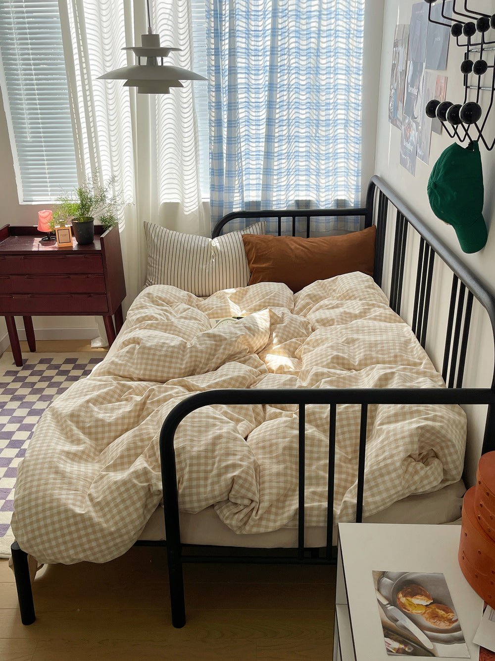 Mixed Gingham Striped Bedding Set / Purple Pink