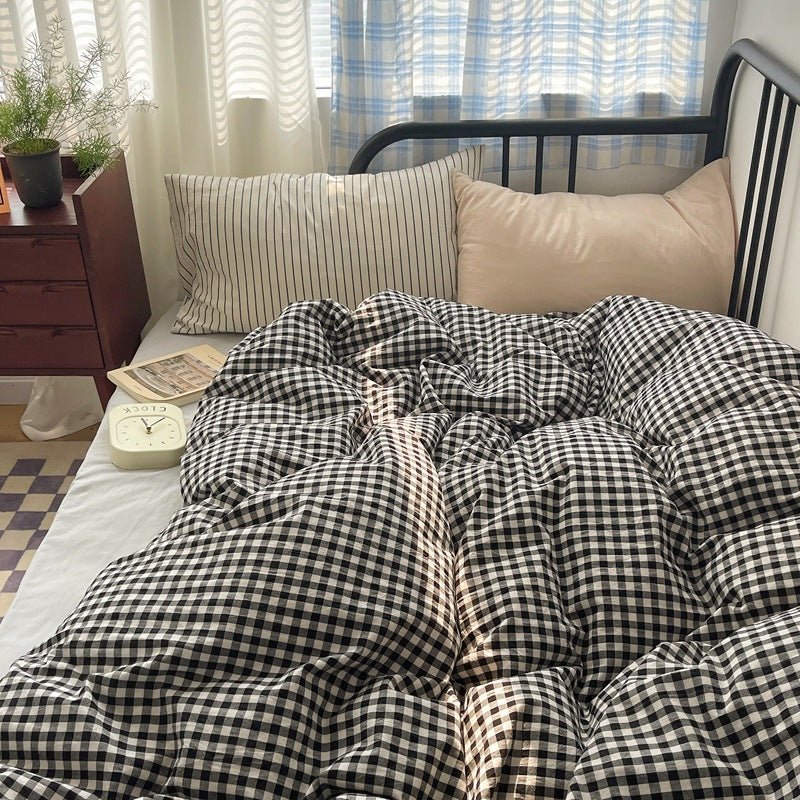 Mixed Gingham Striped Bedding Set / Purple Pink
