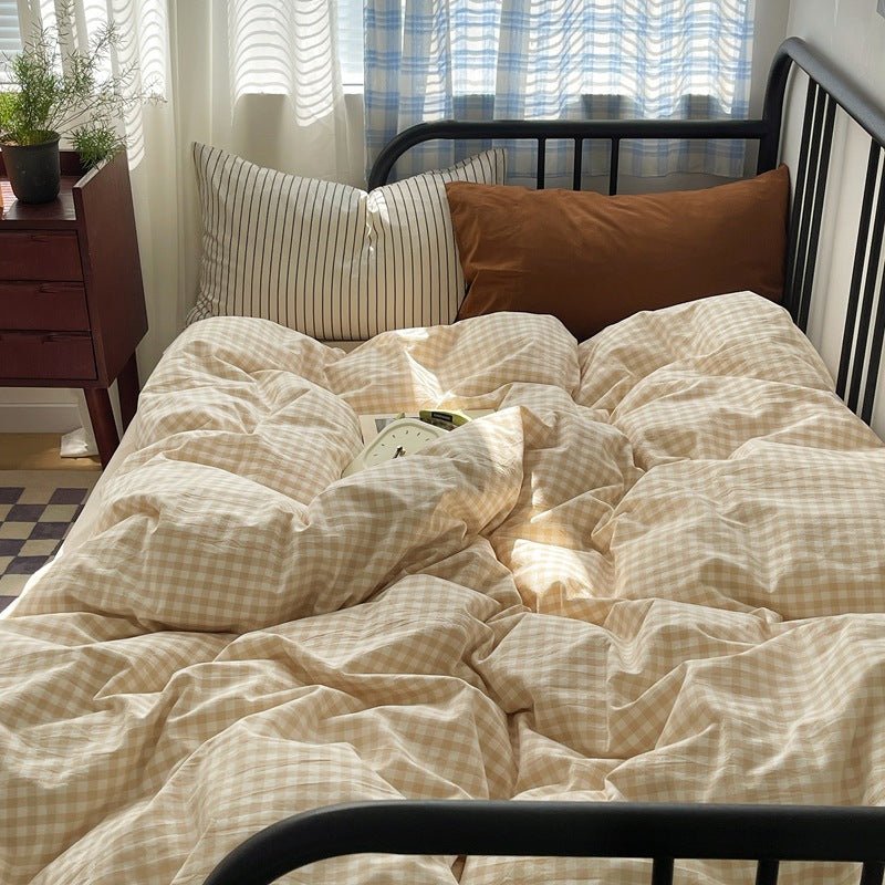 Mixed Gingham Striped Bedding Set / Purple Pink