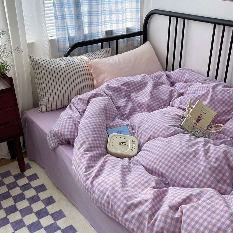 Mixed Gingham Striped Bedding Set / Purple Pink