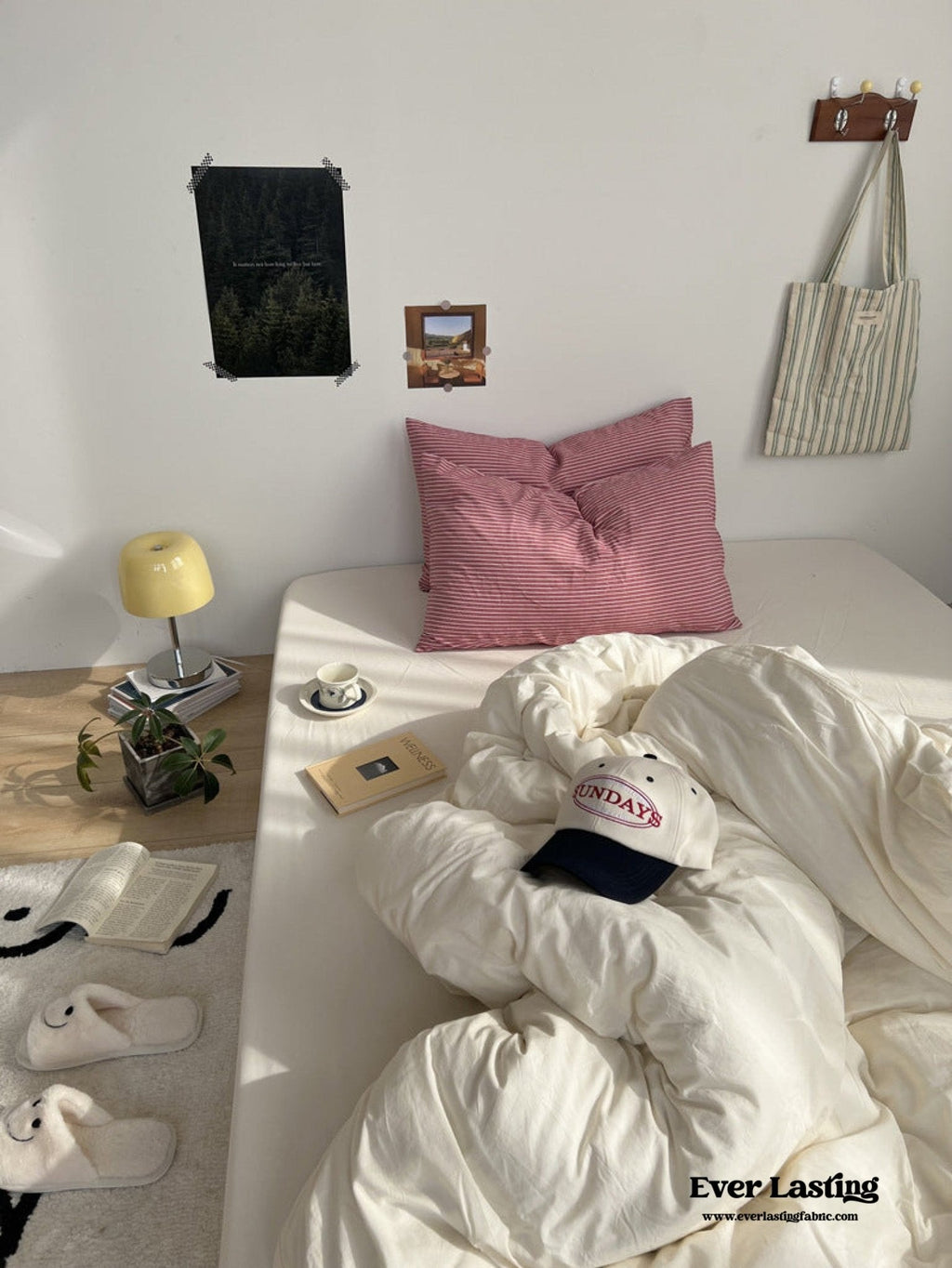 Mixed Stripe Washed Cotton Bedding Set / White + Red