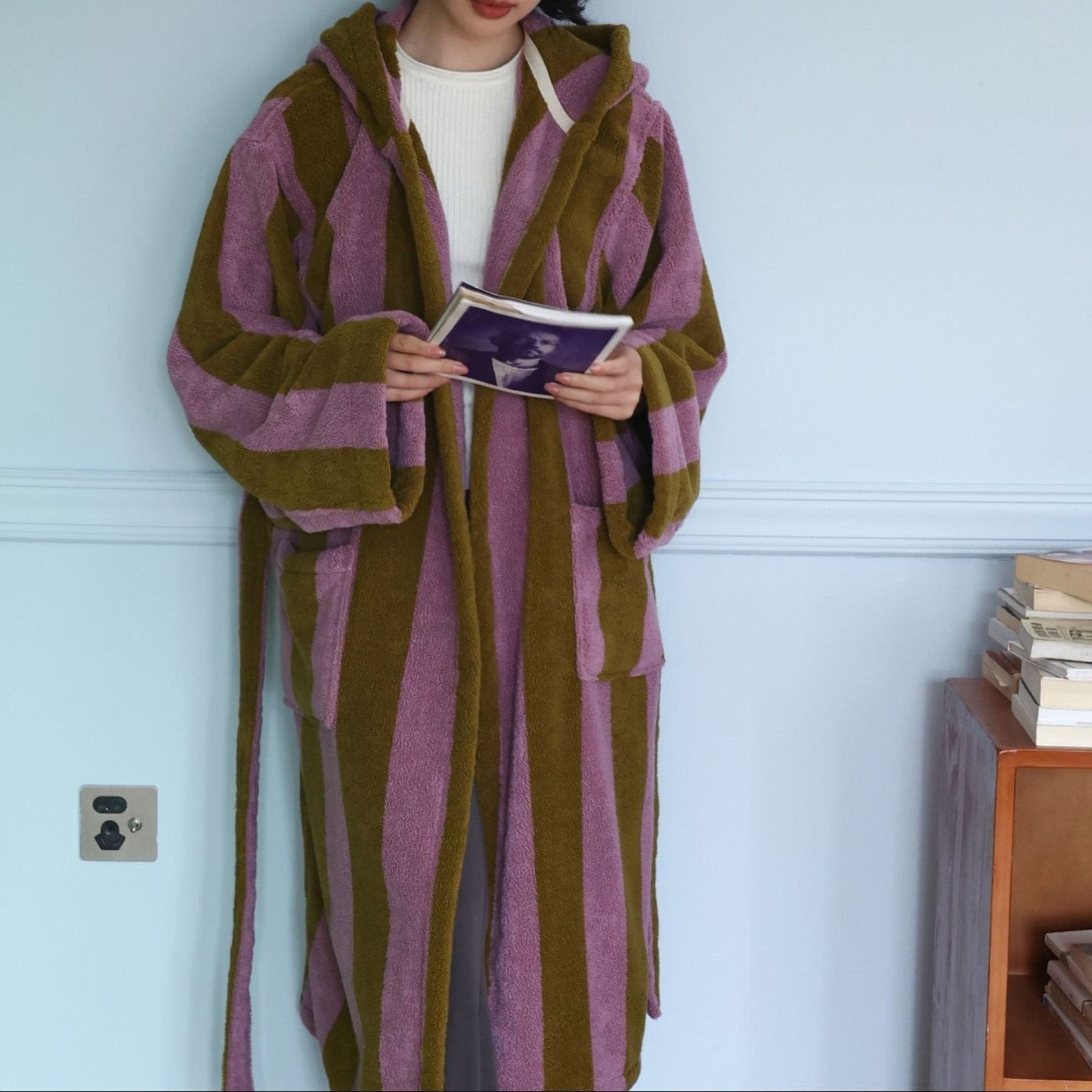 Modern Striped Cotton Bathrobe Set / Blue