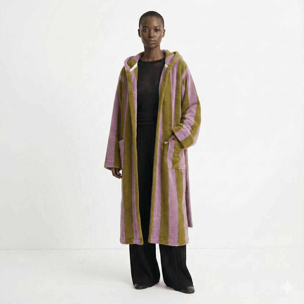 Modern Striped Cotton Bathrobe Set / Purple