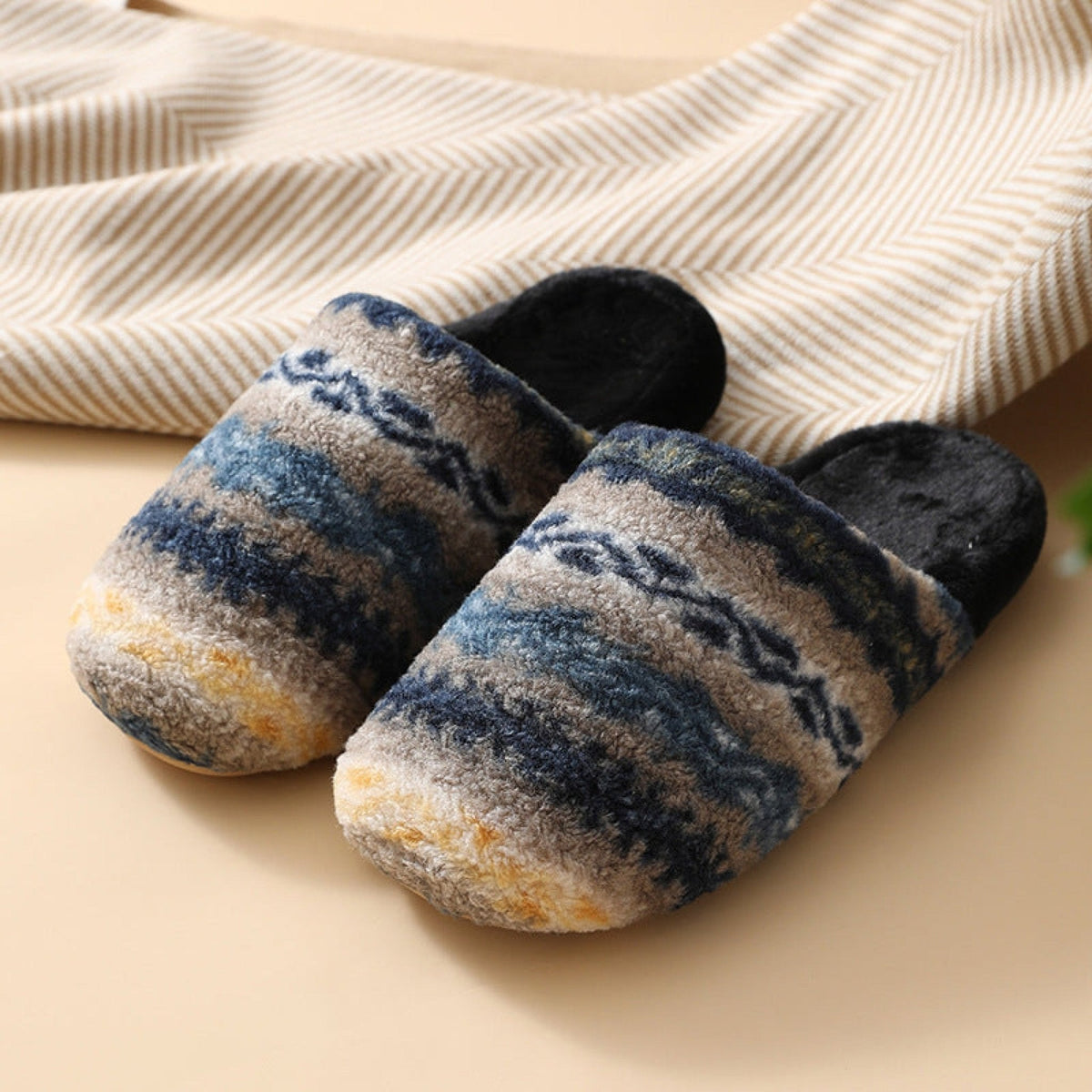Modern Warm House Slippers / Blue Striped