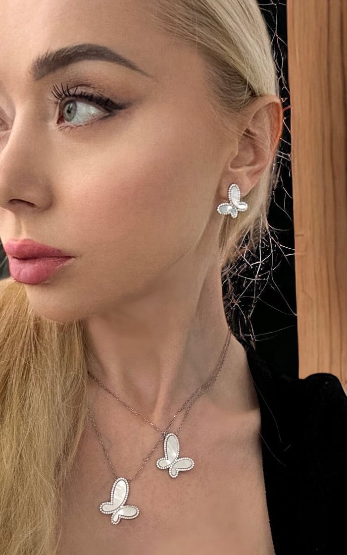 925 Silver with Mother Of Pearl Cubic Zirconia  Stud Butterfly Earring Jewelry