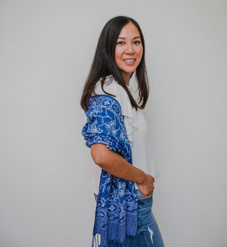 Handmade Batik Scarf, Blue White, Cotton Fabric, Butterfly