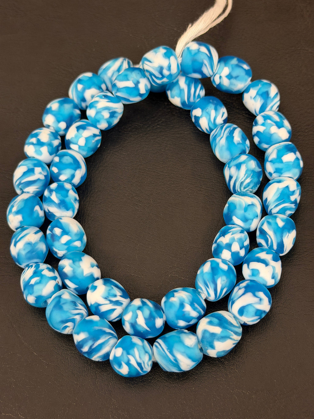 Fused Krobo Recycled Glass Beads 12–14mm | Aqua Blue & Ivory Handmade African Glass Beads from Ghana