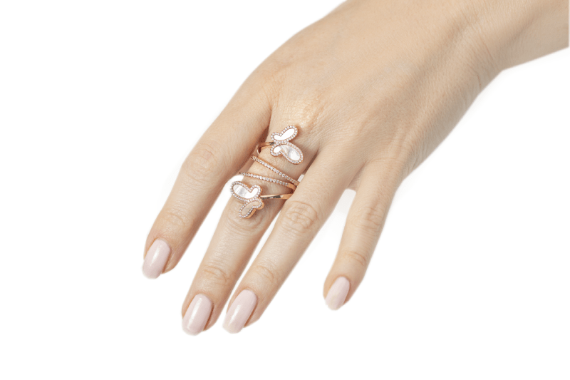 18K Rose Gold w/ Mother Of Pearl Cubic Zirconia Encrusted Swirl Butterfly Ring Jewelry