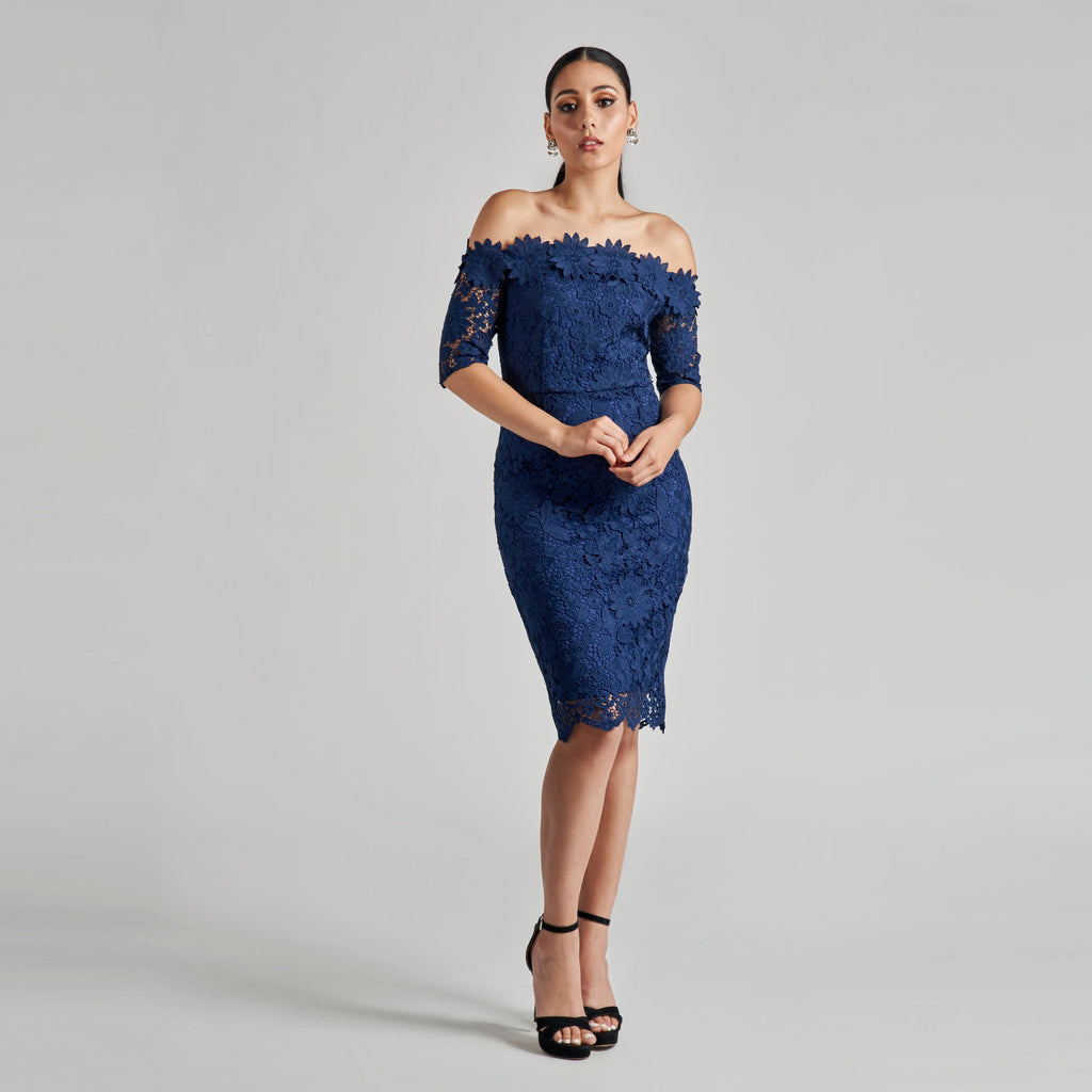 Off The Shoulder Flower Applique Sheath