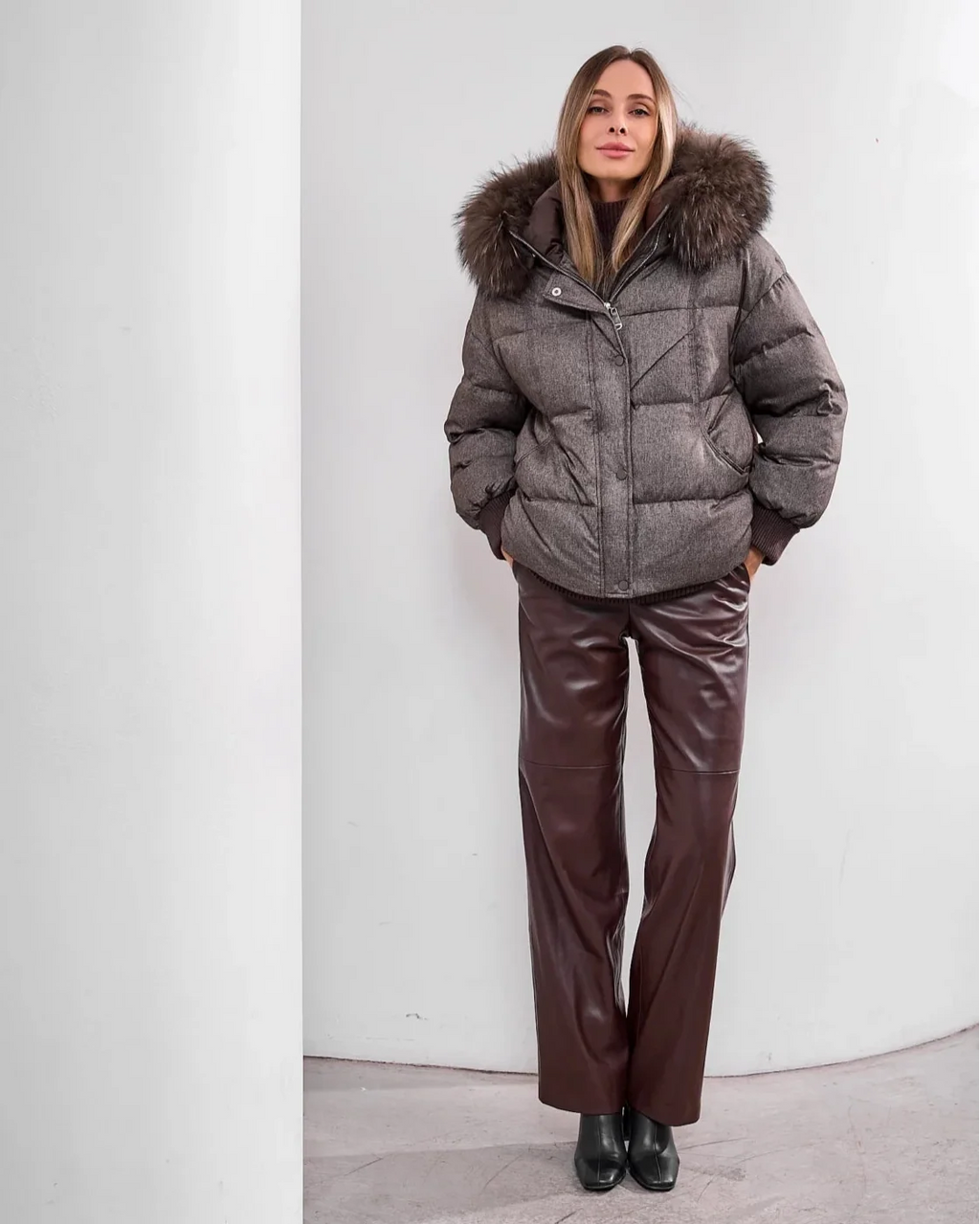 Remi Genuine Fur Trim Down Fill Jacket in Umber