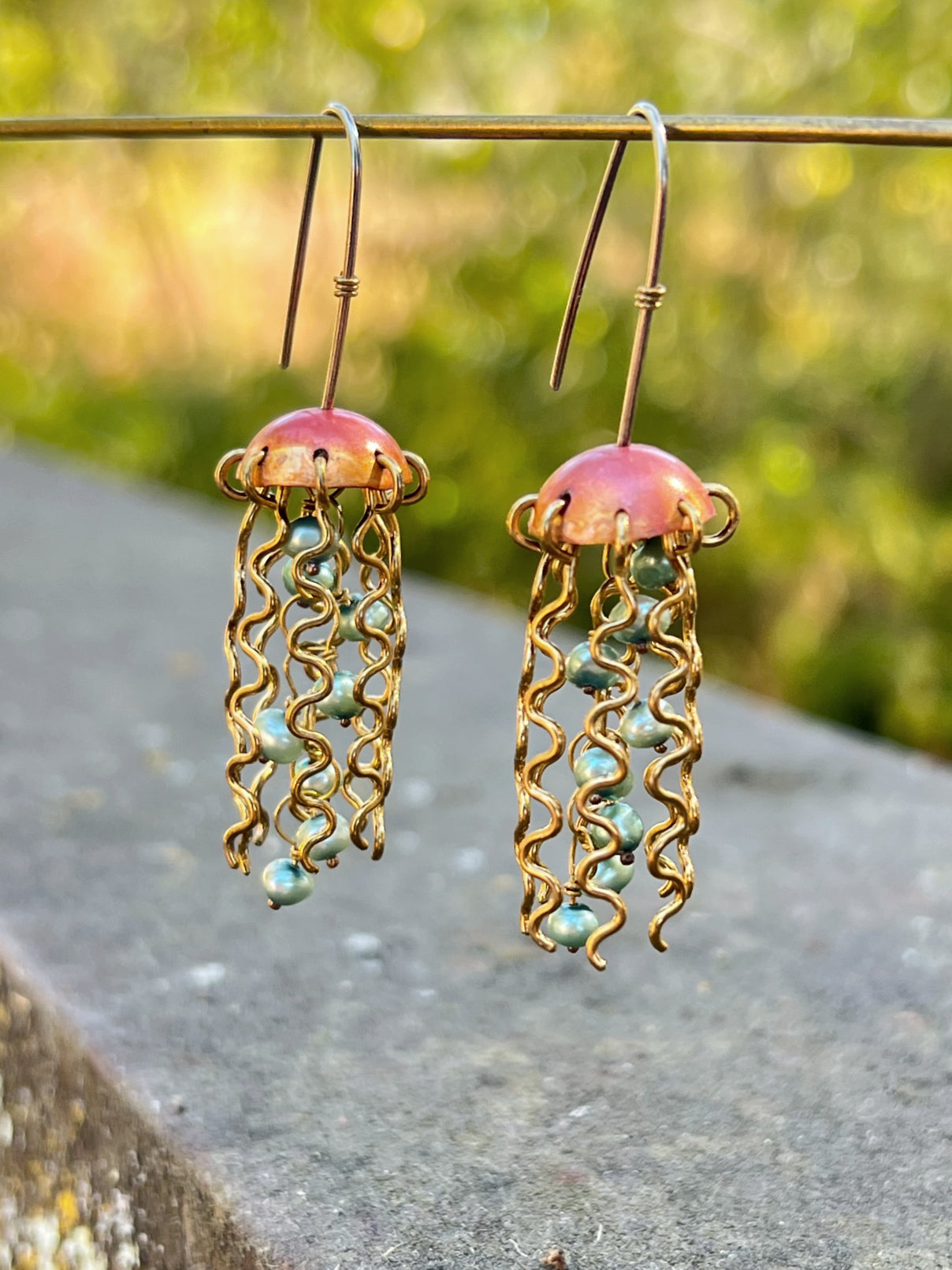 Red Copper Jellyfish Earrings with Green Pearls and Sterling Silver Earwires