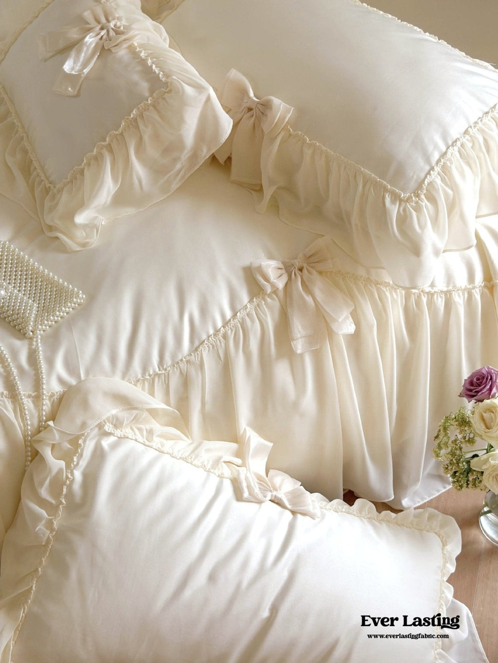 Ribbon Bow Airy Lace Bedding Set / Baby Pink