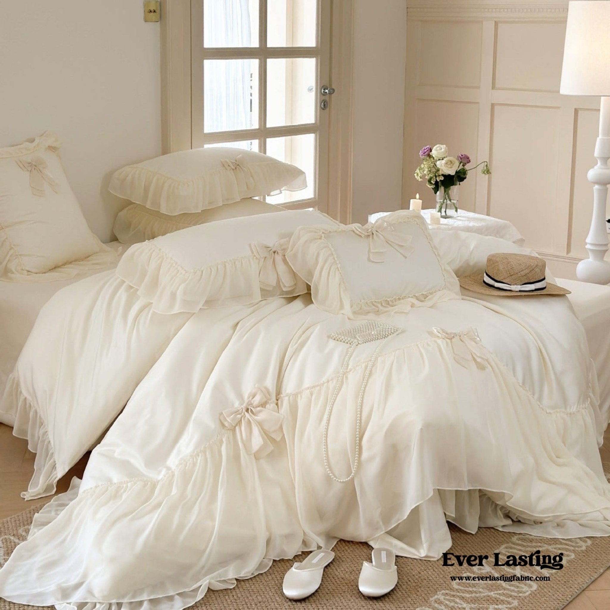 Ribbon Bow Airy Lace Bedding Set / Baby Pink