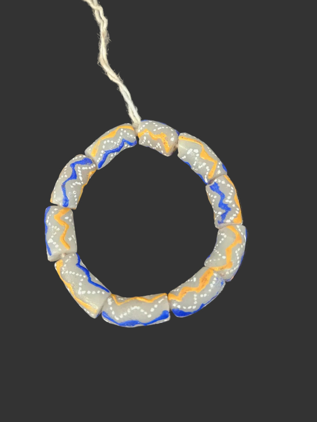 African Glass Beads – Painted Krobo Long Tubes, Gray Blue & Gold