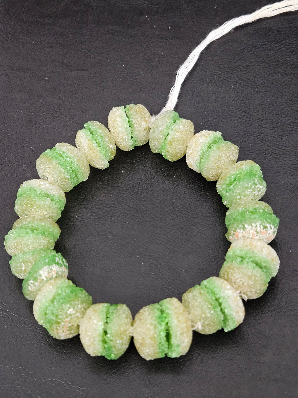Green & White Krobo Sugar Glass Rondelle Beads | Handcrafted Recycled Glass Beads from Ghana | Approx. 30 Beads Per Strand