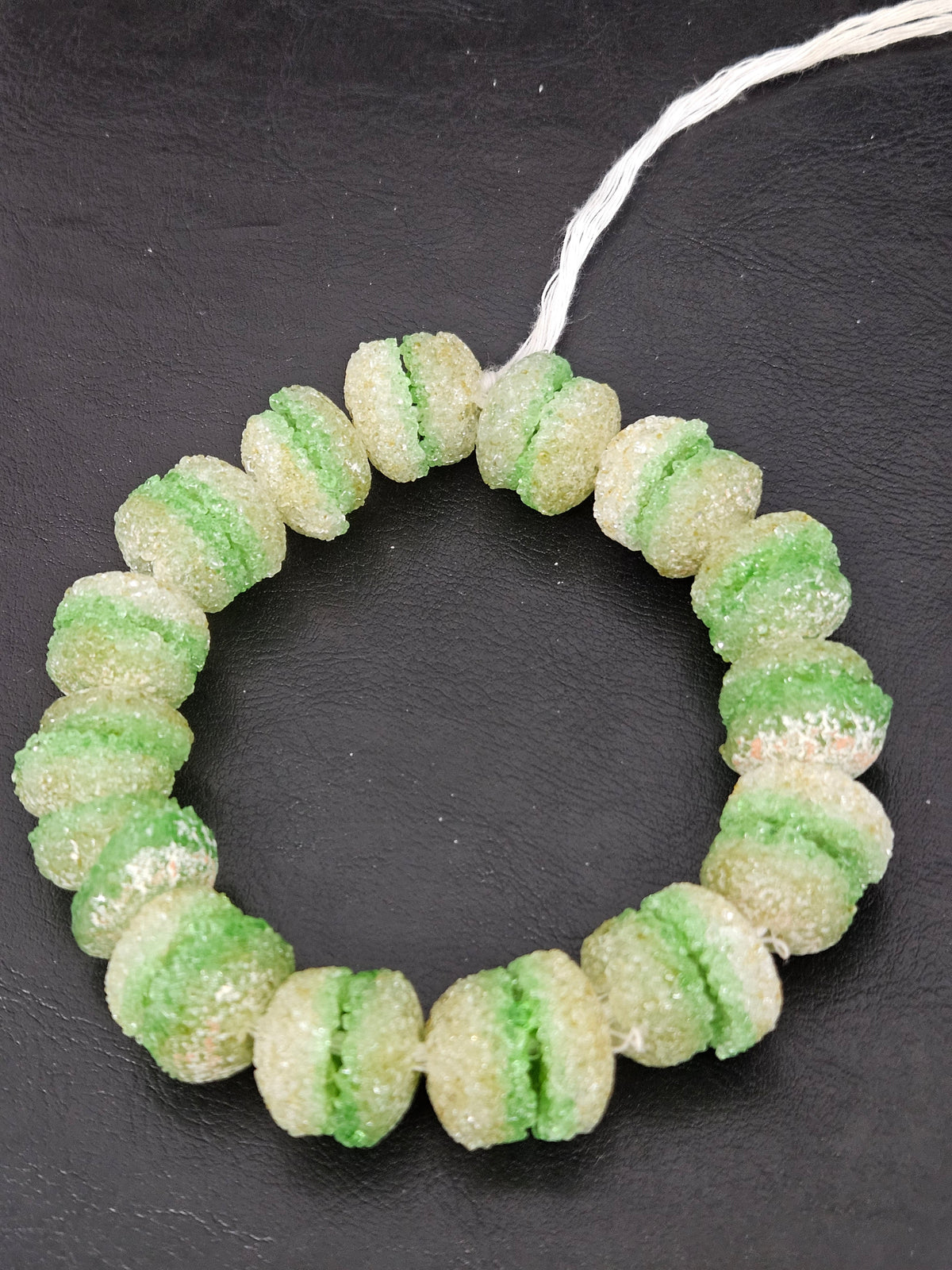 Green & White Krobo Sugar Glass Rondelle Beads | Handcrafted Recycled Glass Beads from Ghana | Approx. 30 Beads Per Strand