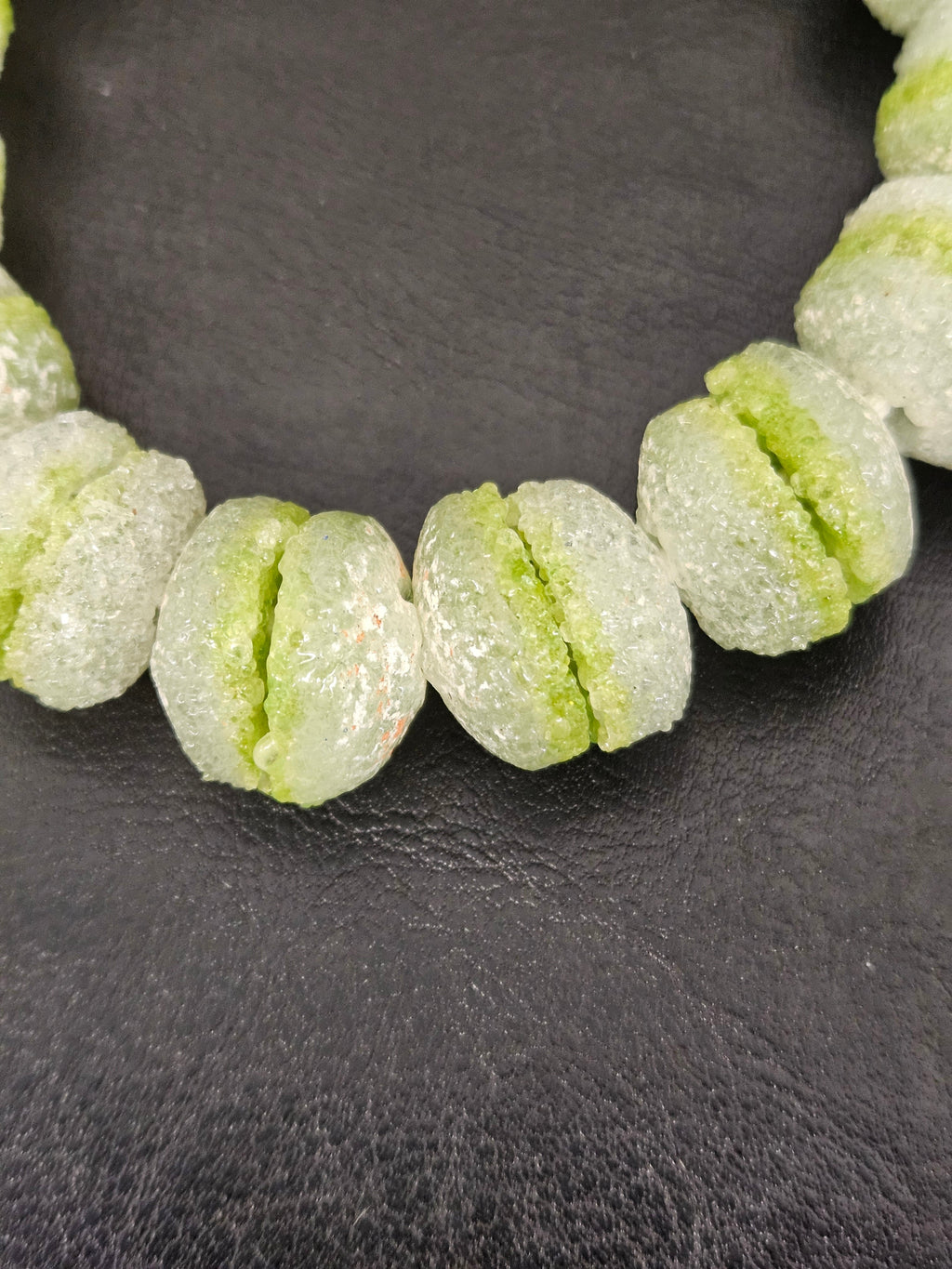 Lime Green & White Krobo Sugar Glass Rondelle Beads | Handcrafted Recycled Glass Beads from Ghana | Approx. 30 Beads Per Strand