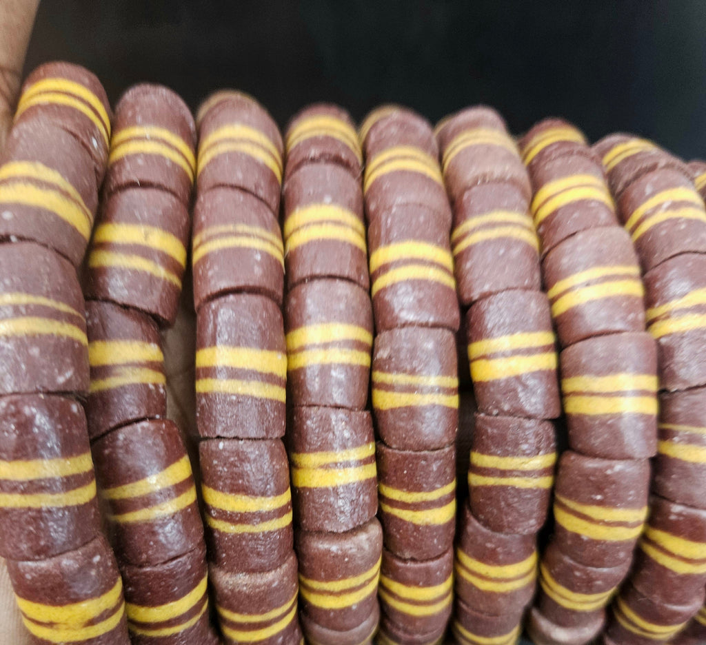 Brown Striped Krobo Kente Glass Beads | Handcrafted Powdered Glass Beads from Ghana | Approx. 17 Beads