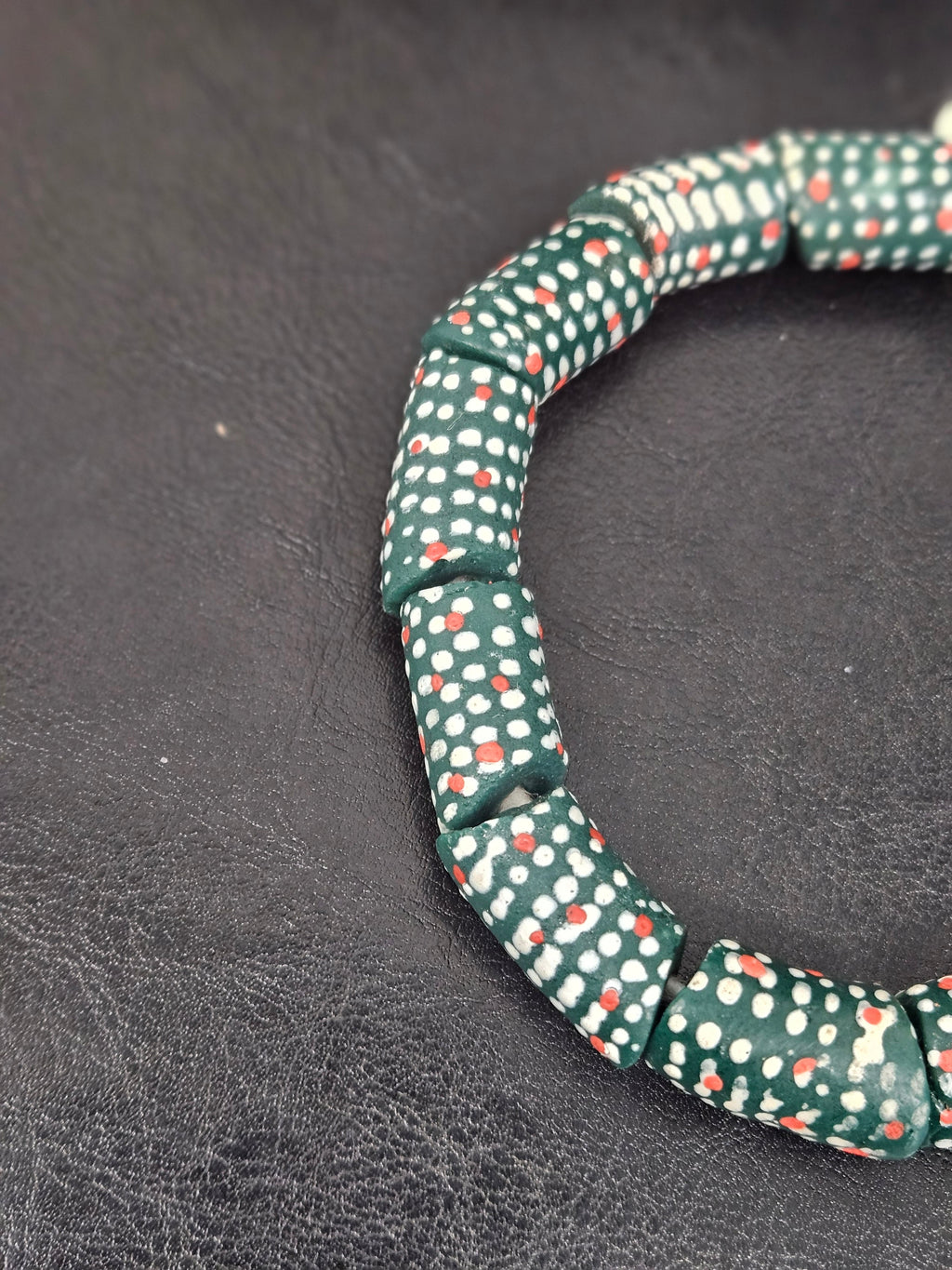 Painted Krobo Glass Beads | Green Red & White Polka Dot Long Tube Beads | Handcrafted Ghana Recycled Glass Beads