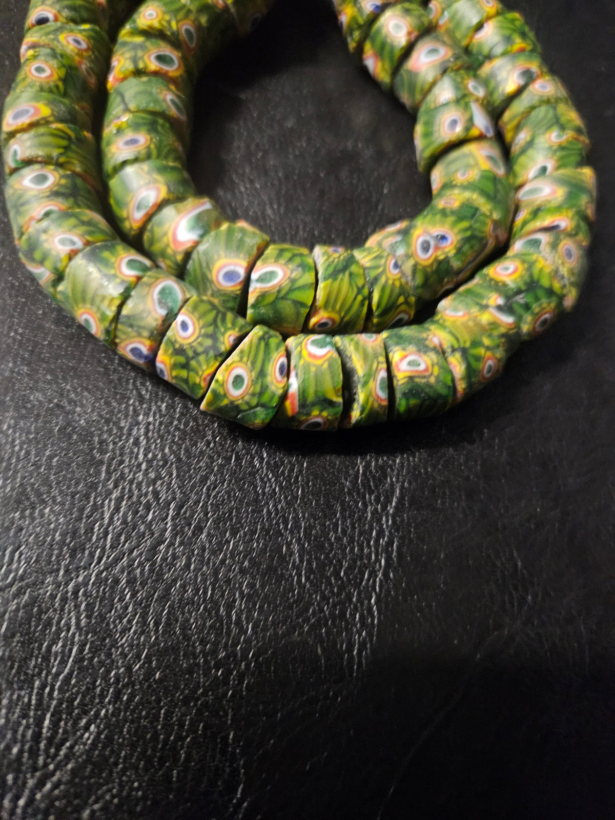 Green Eye Trade Beads – Multicolor Pattern 8–10 × 14–15mm