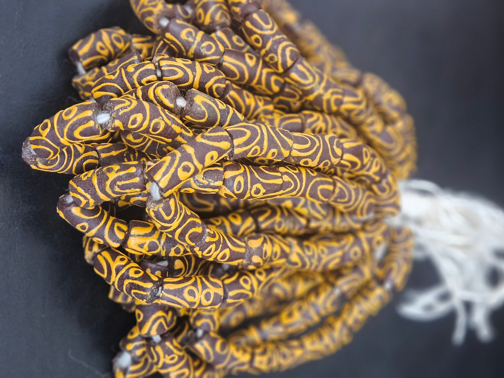 Handcrafted Krobo Painted Glass Tube Beads – Espresso Brown & Golden Ochre | Ghana Recycled Glass | Approx. 10 Beads