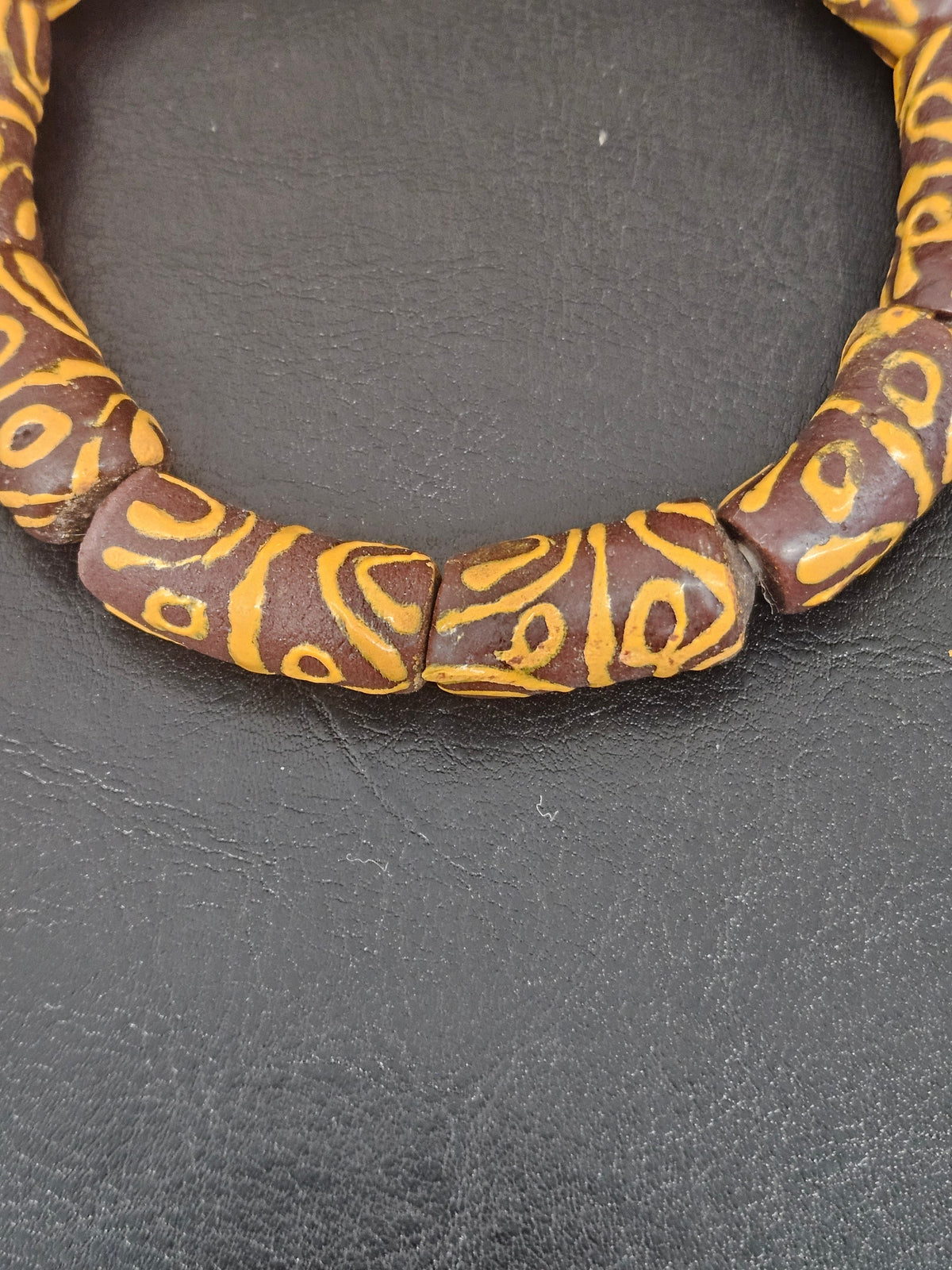Handcrafted Krobo Painted Glass Tube Beads – Espresso Brown & Golden Ochre | Ghana Recycled Glass | Approx. 10 Beads