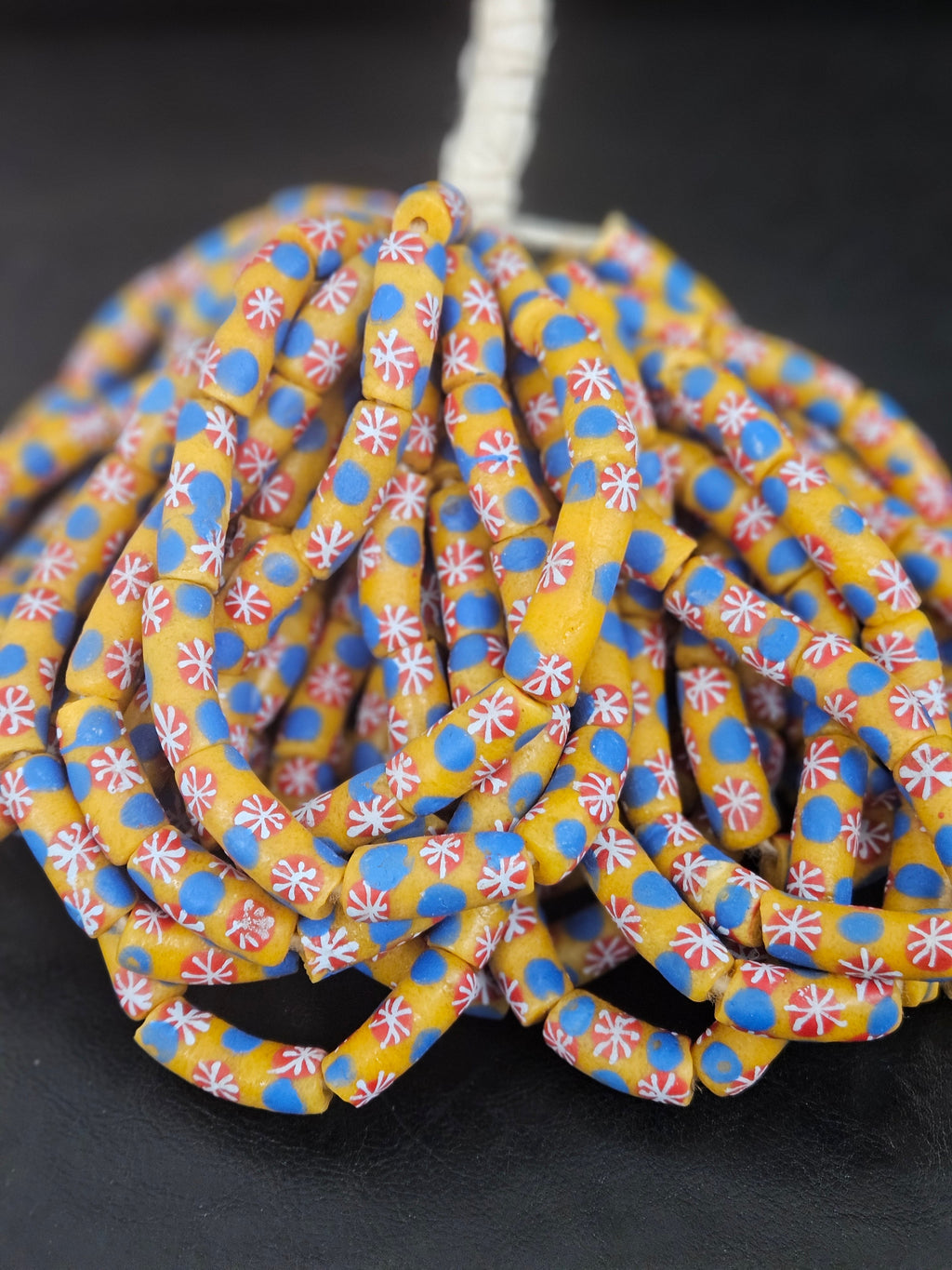 Golden Yellow Krobo Painted Glass Tube Beads with Royal Blue & Coral Red Floral Motifs | Handcrafted Recycled Glass from Ghana