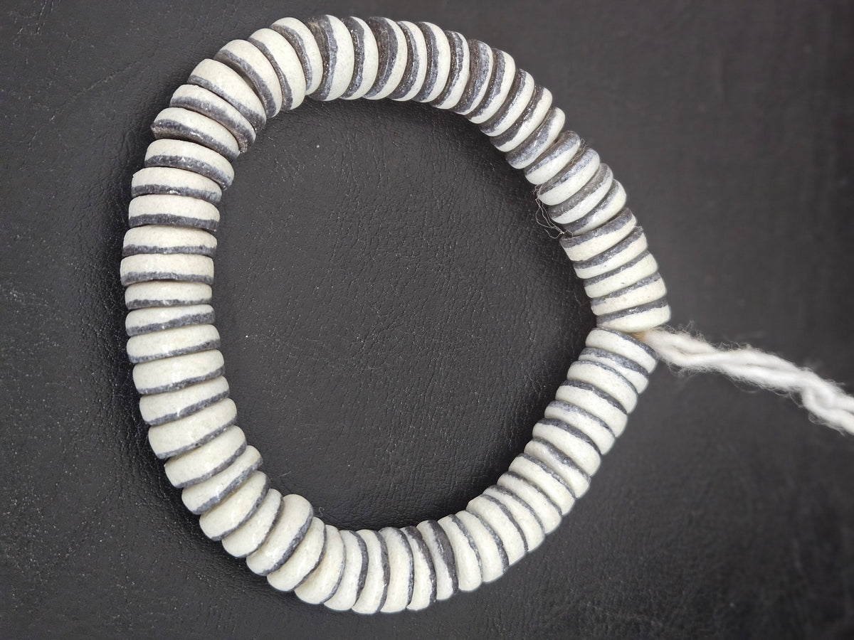 Handmade Ivory & Charcoal Krobo Glass Spacer Beads, African Recycled Glass Beads, Ghana Jewelry Making Supplies