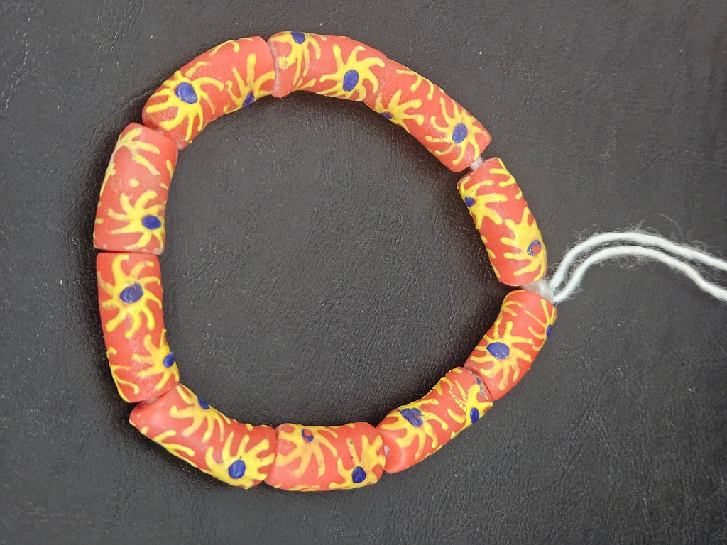 Krobo Painted Glass Tube Beads | Terracotta Coral, Golden Yellow & Royal Blue | Handmade Recycled Glass Beads from Ghana