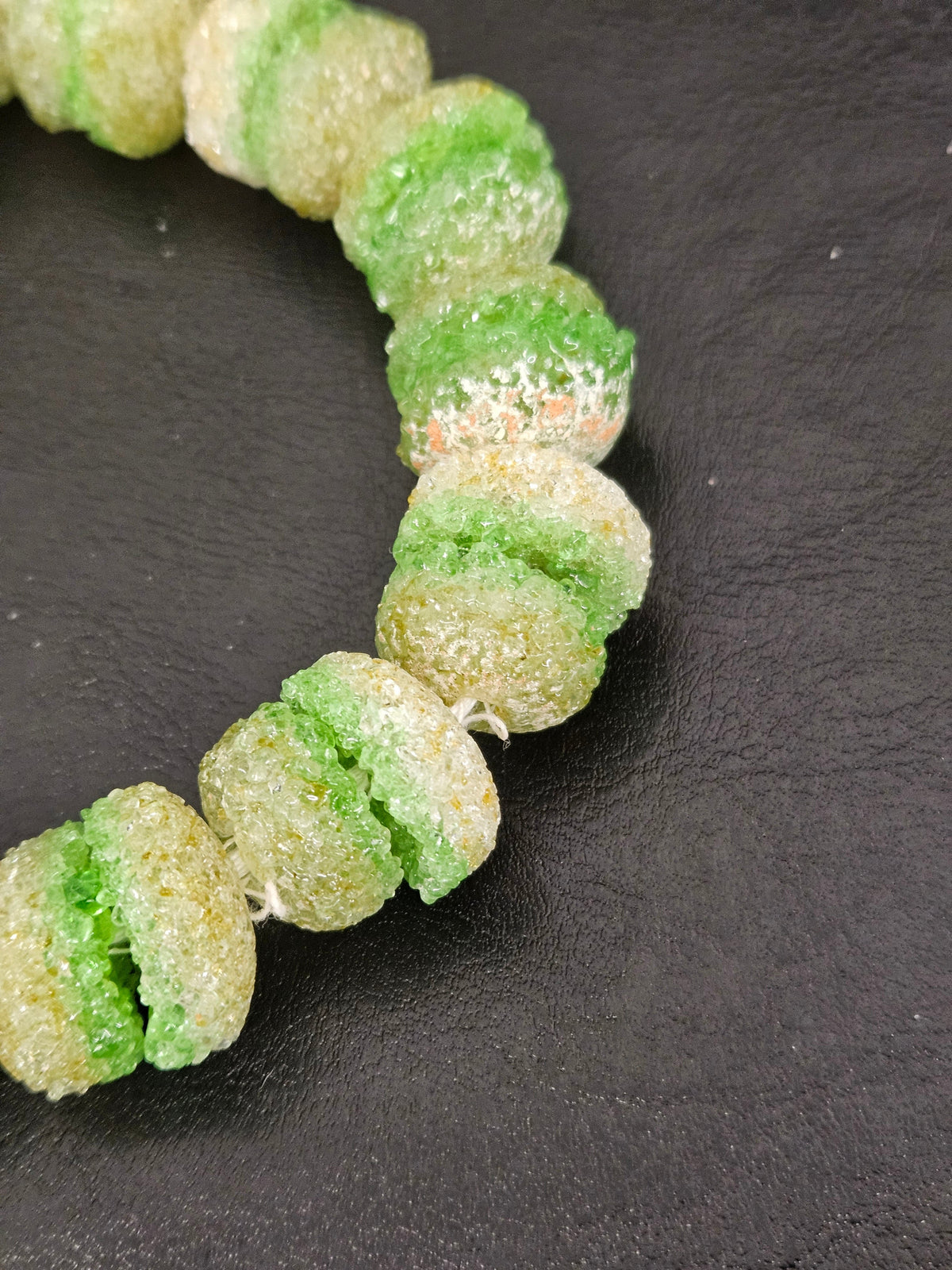 Green & White Krobo Sugar Glass Rondelle Beads | Handcrafted Recycled Glass Beads from Ghana | Approx. 30 Beads Per Strand
