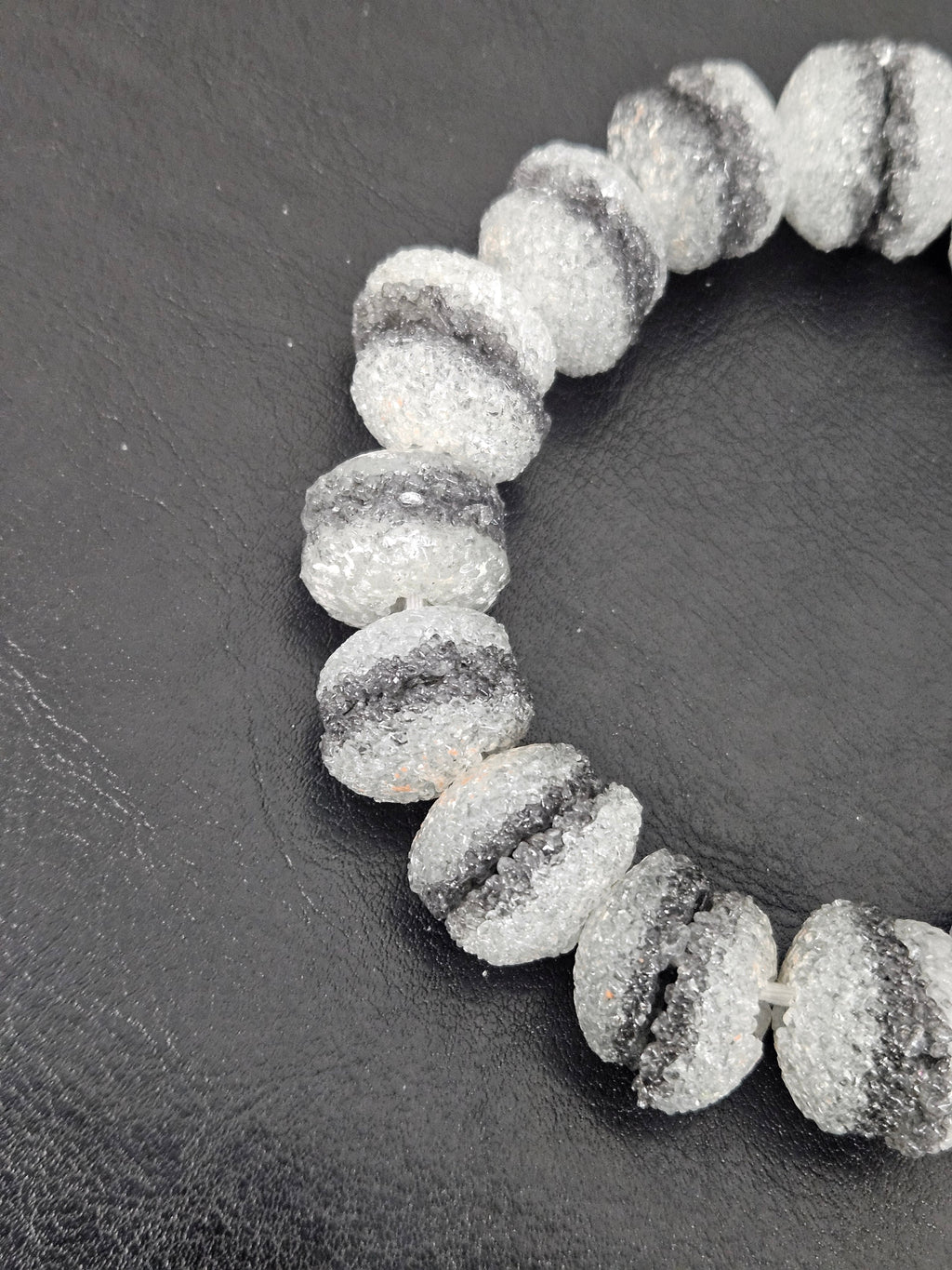 Black & White Krobo Sugar Glass Rondelle Beads | Handcrafted Recycled Glass Beads from Ghana | Approx. 30 Beads Per Strand