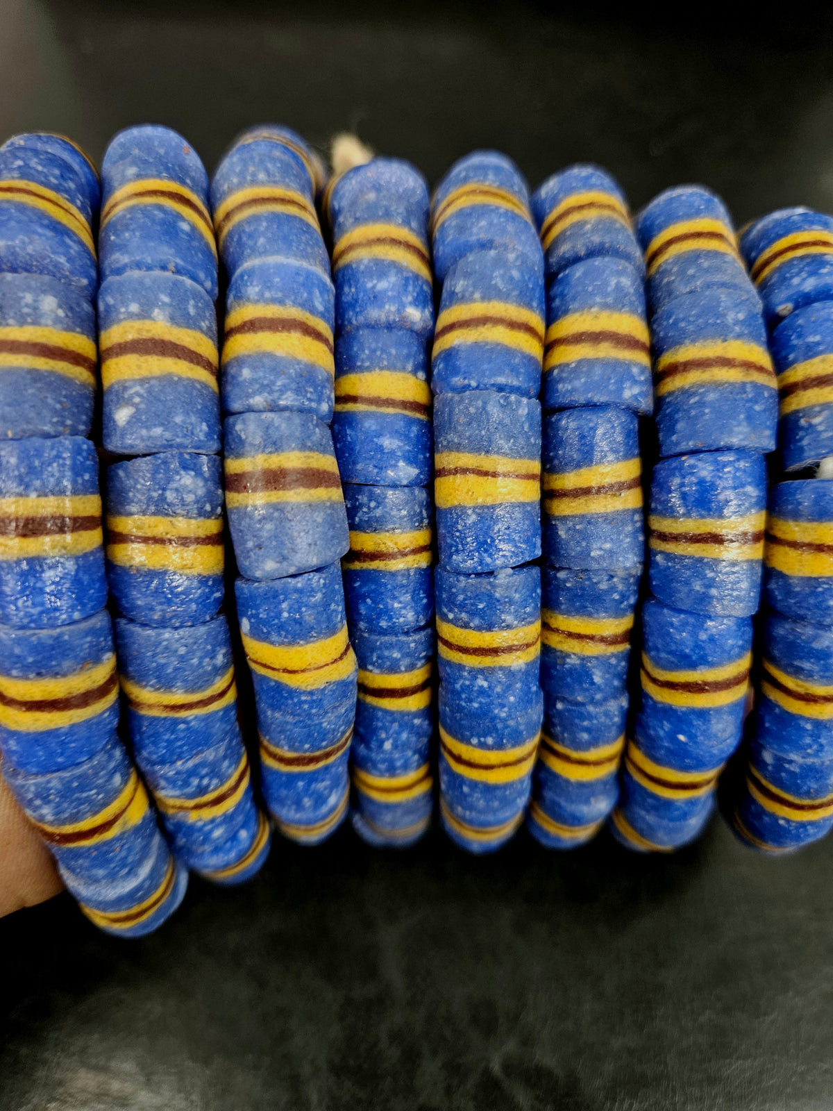 Blue Striped Krobo Kente Glass Beads | Handcrafted Powdered Glass Beads from Ghana | Approx. 17 Beads