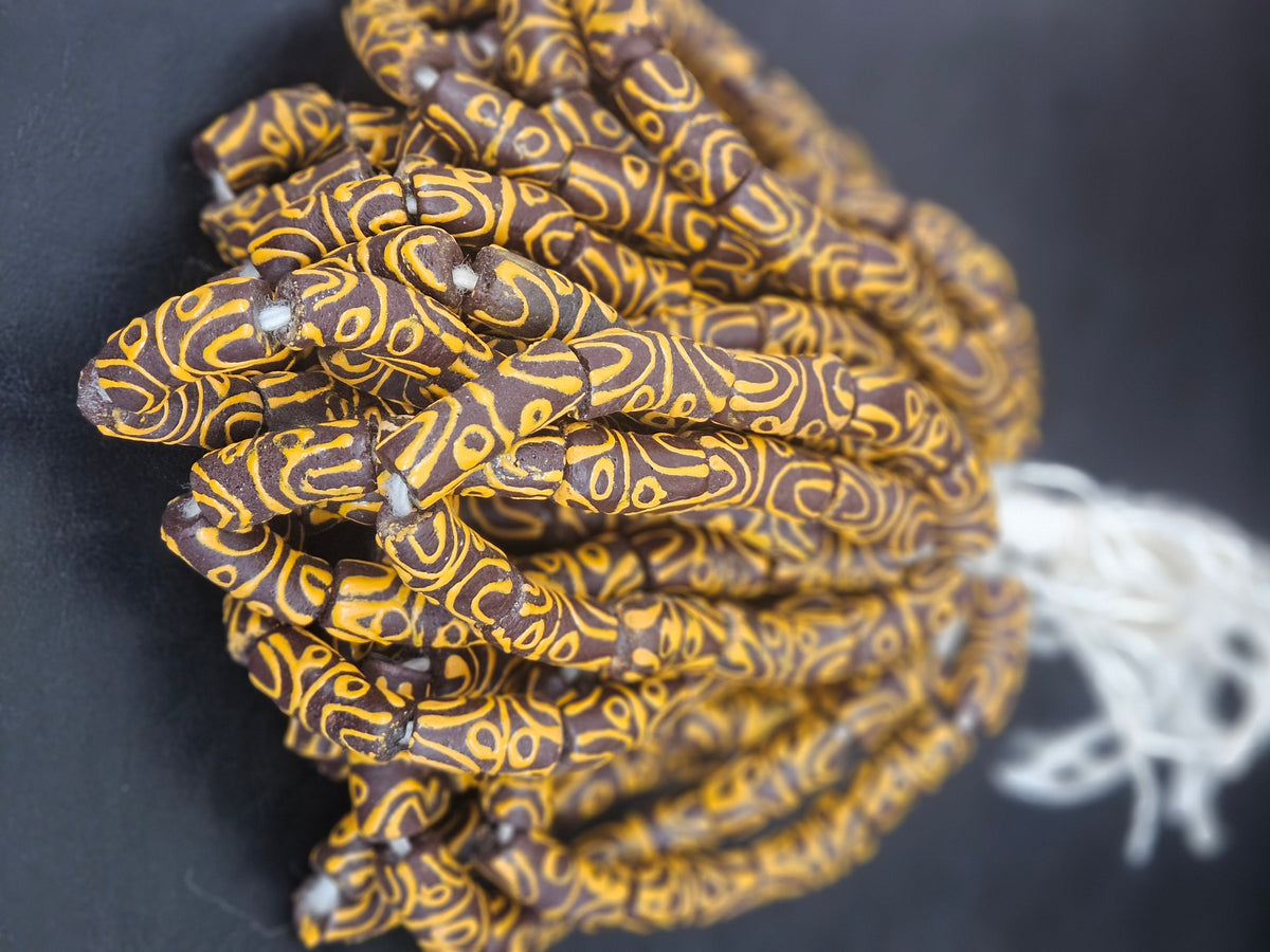 Handcrafted Krobo Painted Glass Tube Beads – Espresso Brown & Golden Ochre | Ghana Recycled Glass | Approx. 10 Beads