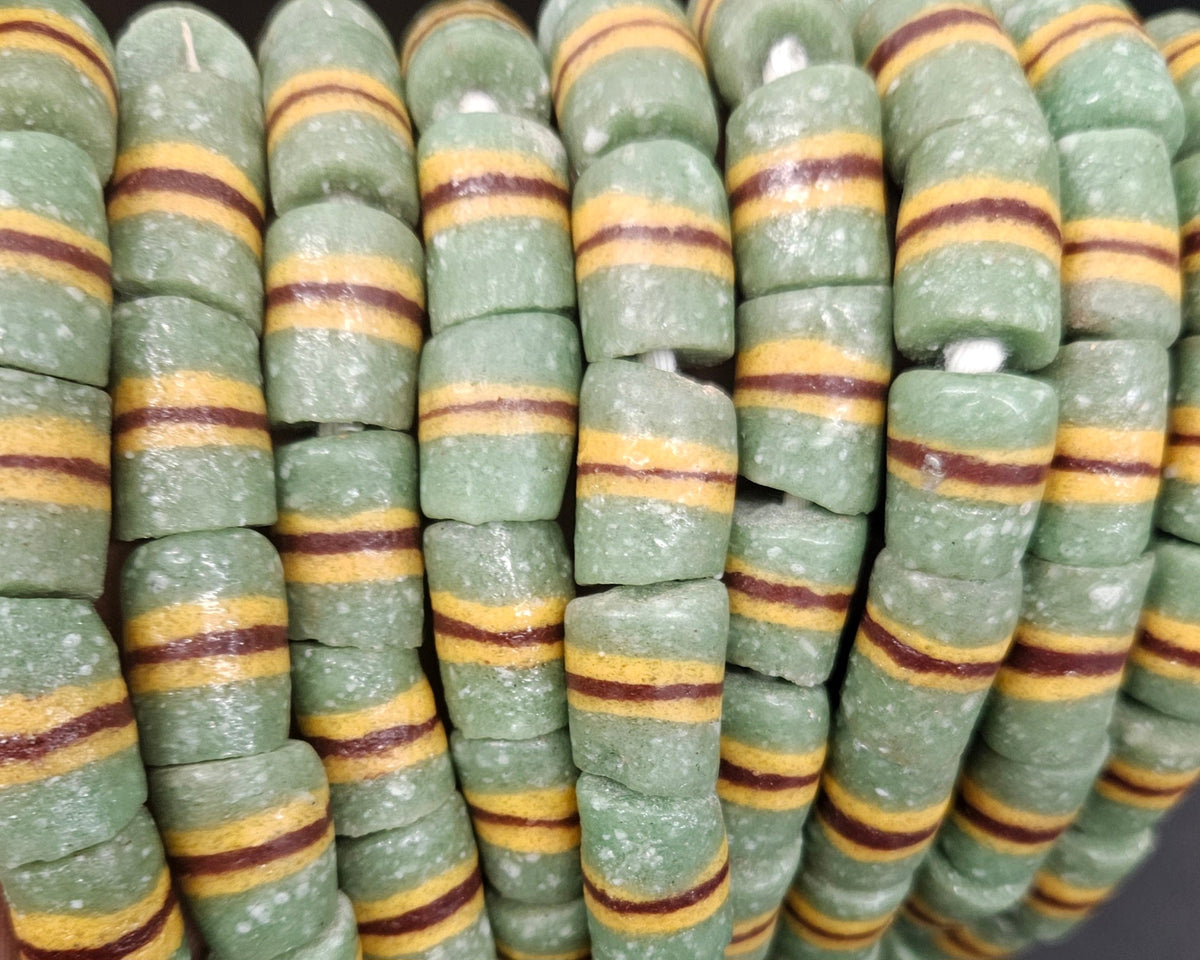 Green Striped Krobo Kente Glass Beads | Handcrafted Powdered Glass Beads from Ghana | Approx. 17 Beads