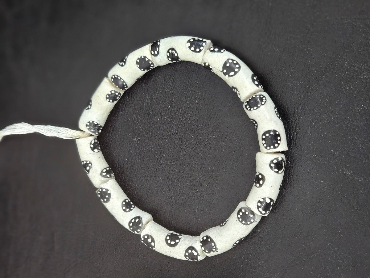 Ivory White Krobo Painted Glass Tube Beads with Ebony Black Medallion Motifs