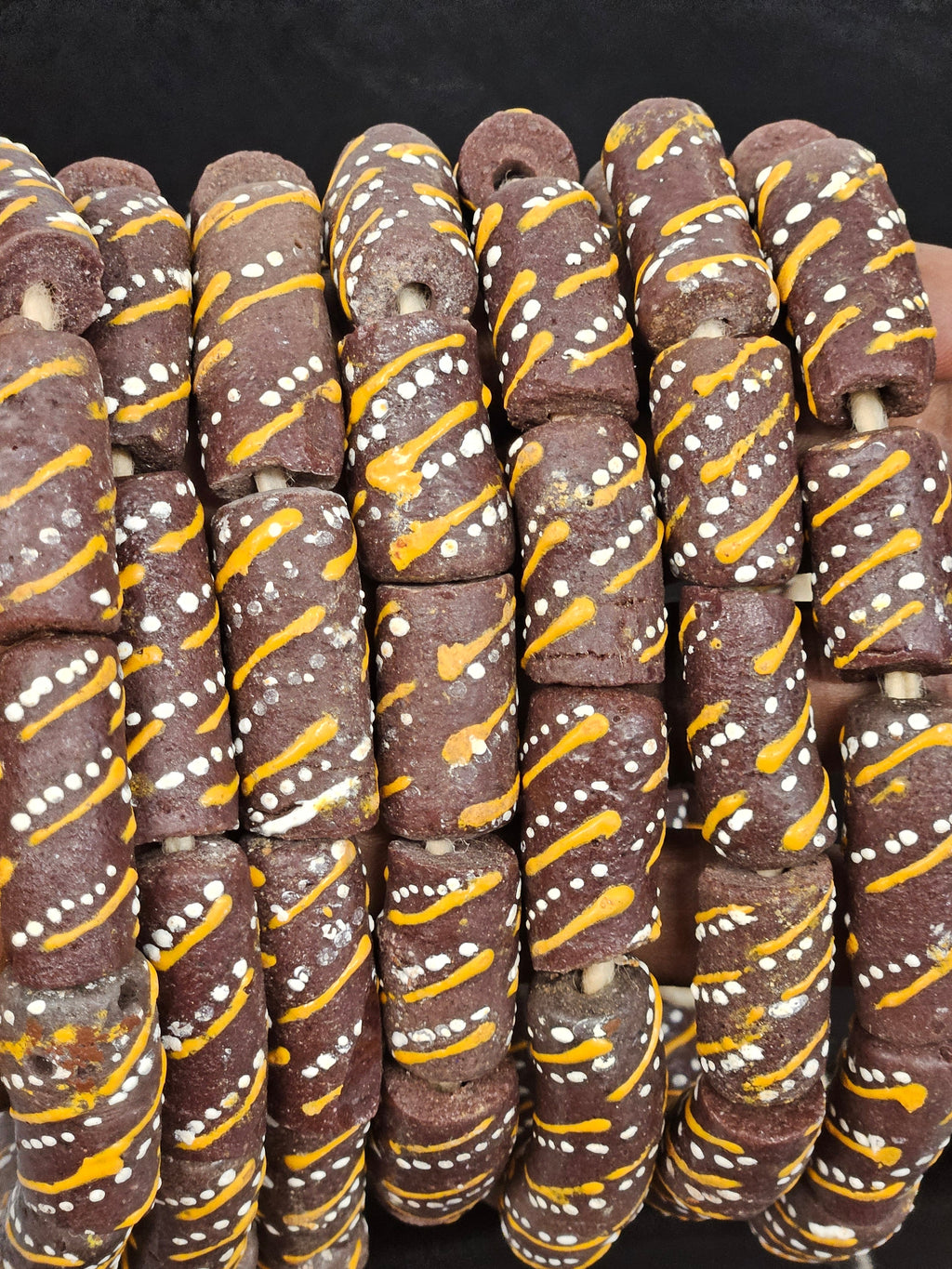 Fall Handcrafted Krobo Painted Recycled Glass Beads – African Brown Tube Beads with White & Yellow Patterns (17–18mm × 30–32mm)