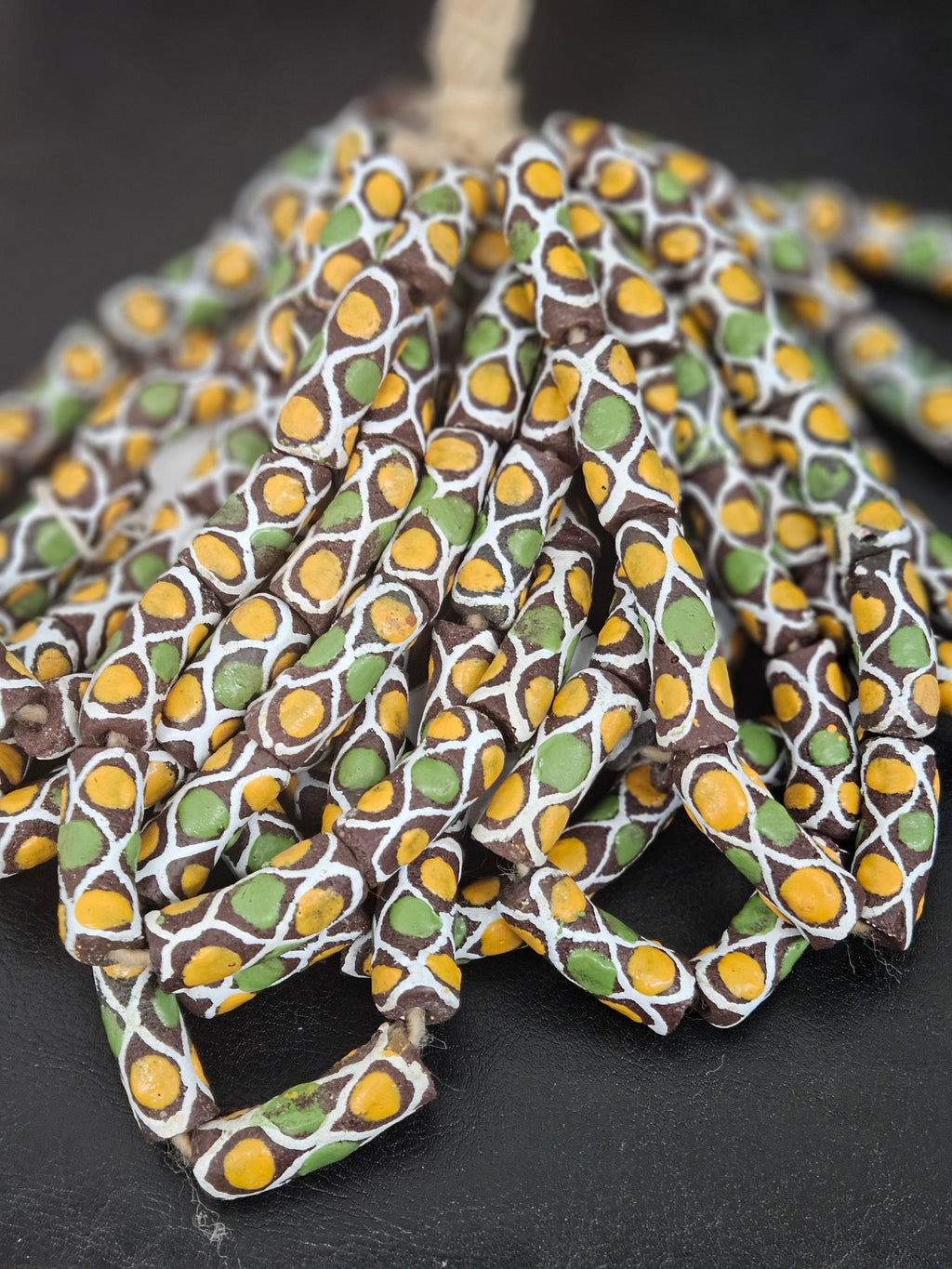 Chocolate Brown Krobo Painted Glass Tube Beads with Golden Yellow & Leaf Green Mosaic Motifs | Handcrafted Recycled Glass from Ghana