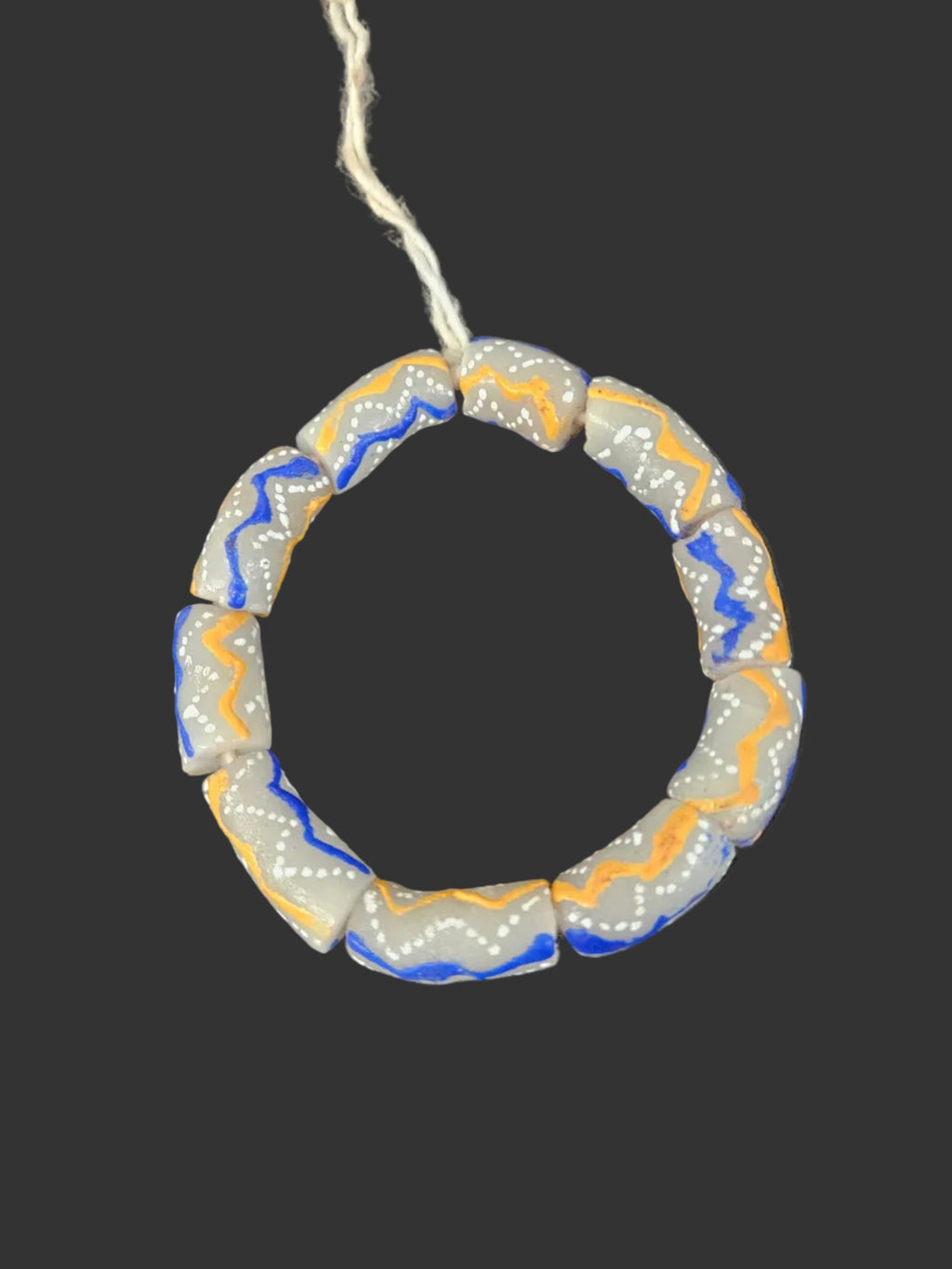 African Glass Beads – Painted Krobo Long Tubes, Gray Blue & Gold