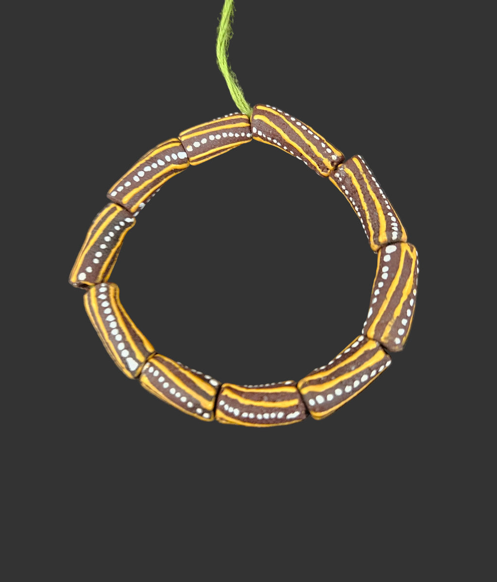 African Glass Beads – Painted Krobo Long Tubes, Brown & Gold