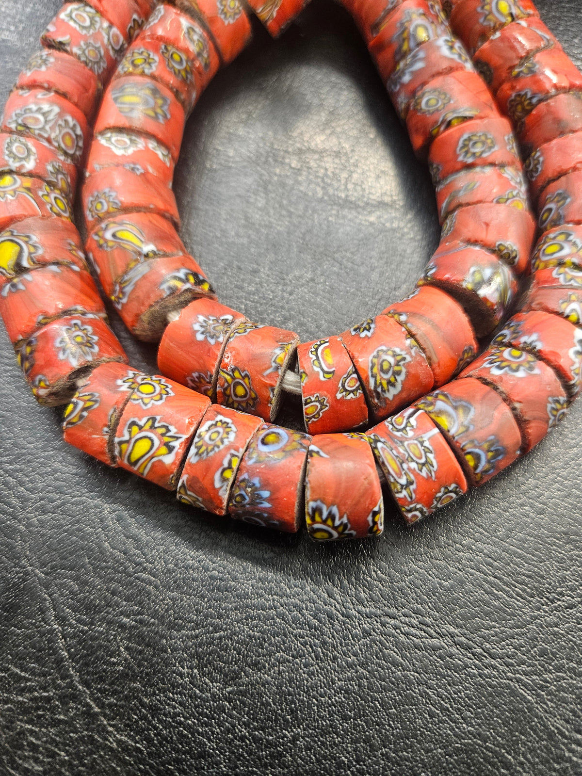 African Trade Beads – Red Multicolor Floral Pattern Strand