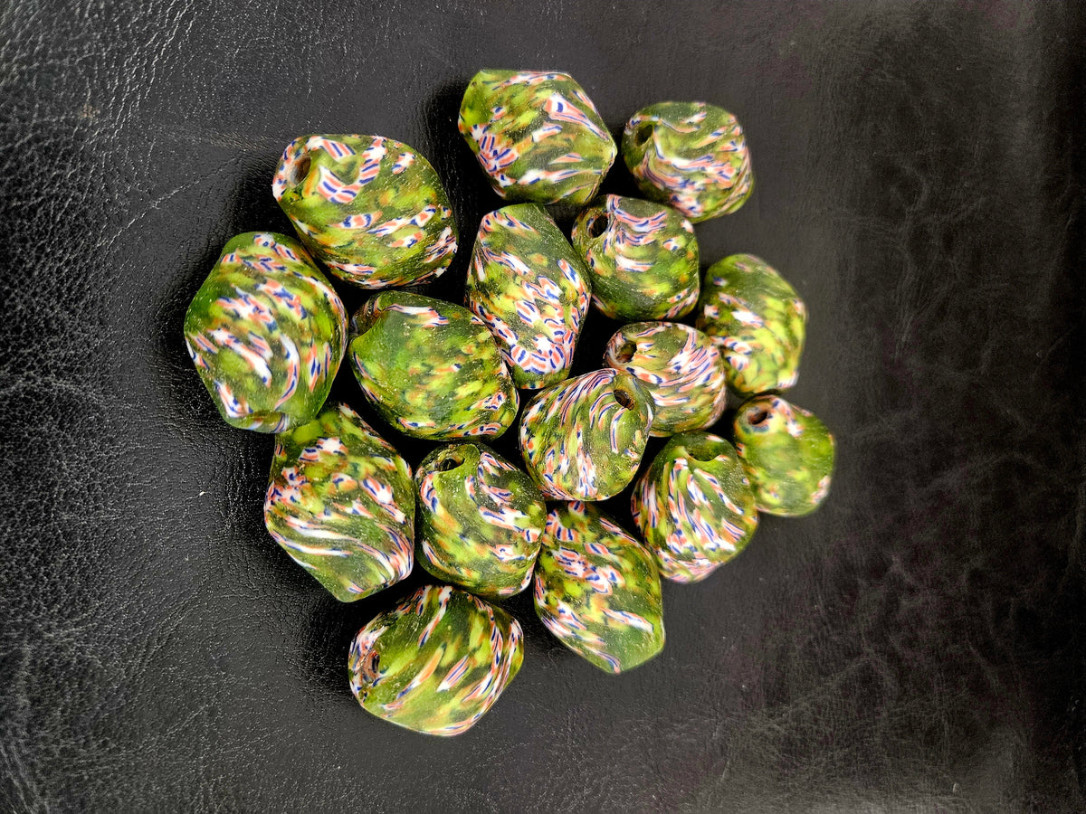 African Glass Bead Bundle – Coral Krobo Rondelles + Green Focal Beads